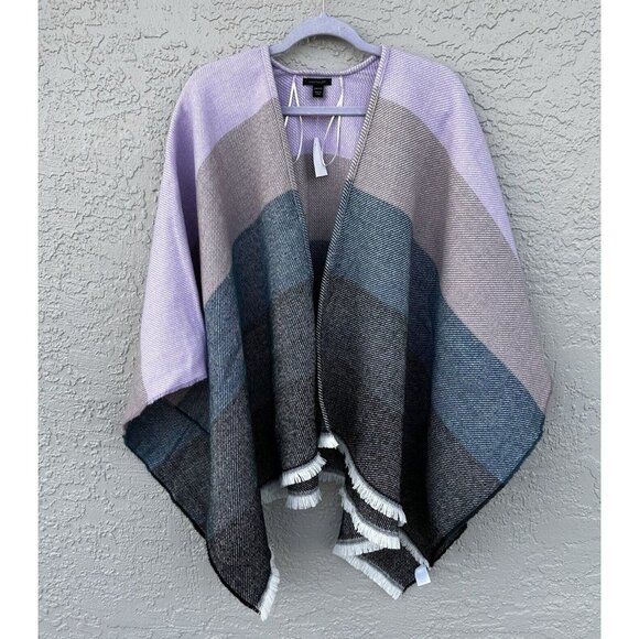 Ann Taylor Color-block Poncho Wrap Sweater One Size Stripe Purple Tan Black Teal - Picture 1 of 7